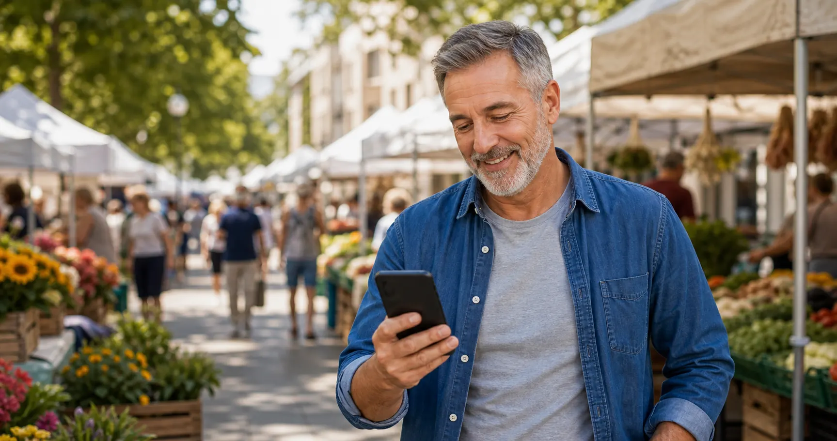 SilverSingles app guide image of a mature single using a phone in a local market setting