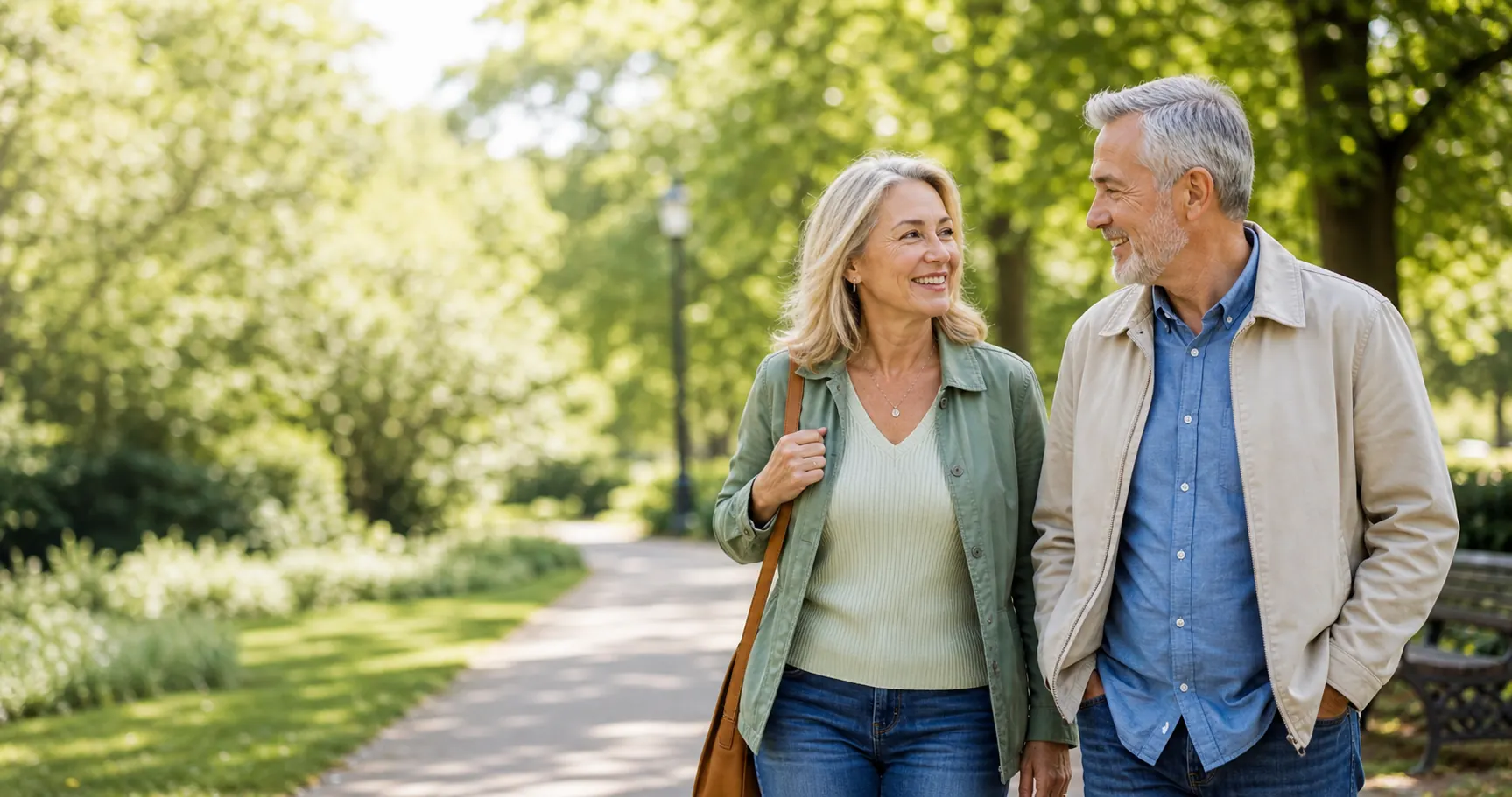 SilverSingles over 50 dating guide image of mature singles walking together in a neighborhood park